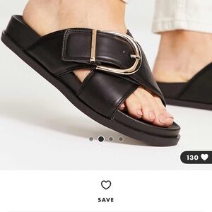 ASOS DESIGN WIDE FIT FLASH GOLD BUCKLE CROSS VAMP FLAT SANDALS IN BLACK